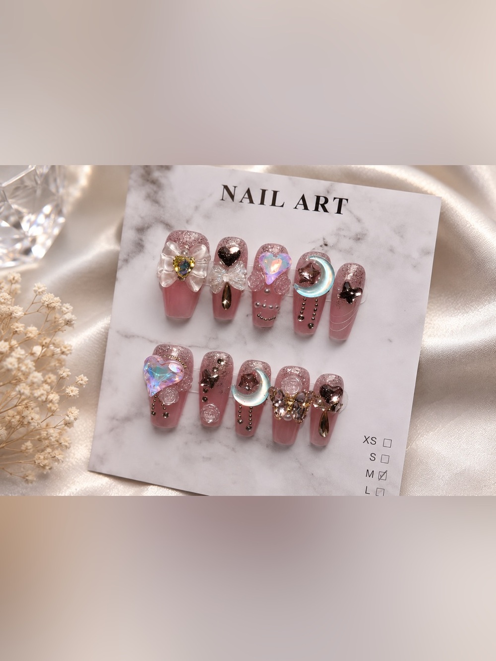 🆕 Handmade Pink Glitter 3D Nail Art Tips with Iridescent Charms